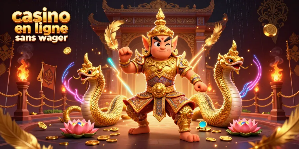 Illustration dynamique de casino en ligne sans wager avec yaksha en armure dorée, serpents Naga et pièces d'or.