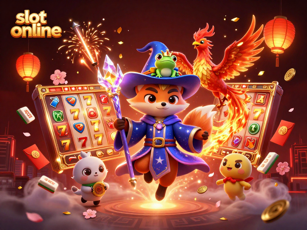 Experience the excitement of slot online with our enchanting 3D illustration featuring a wizard fox and phoenix.