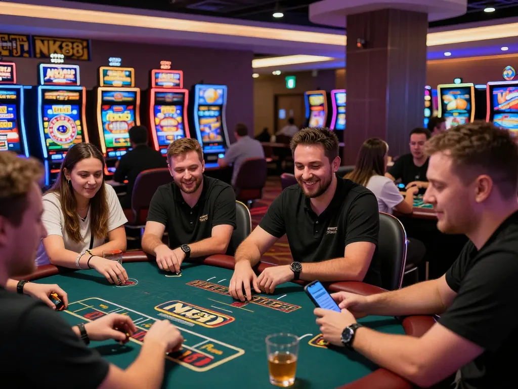Engaging players enjoying diverse games at NK88 casino, showcasing excitement and modern design.