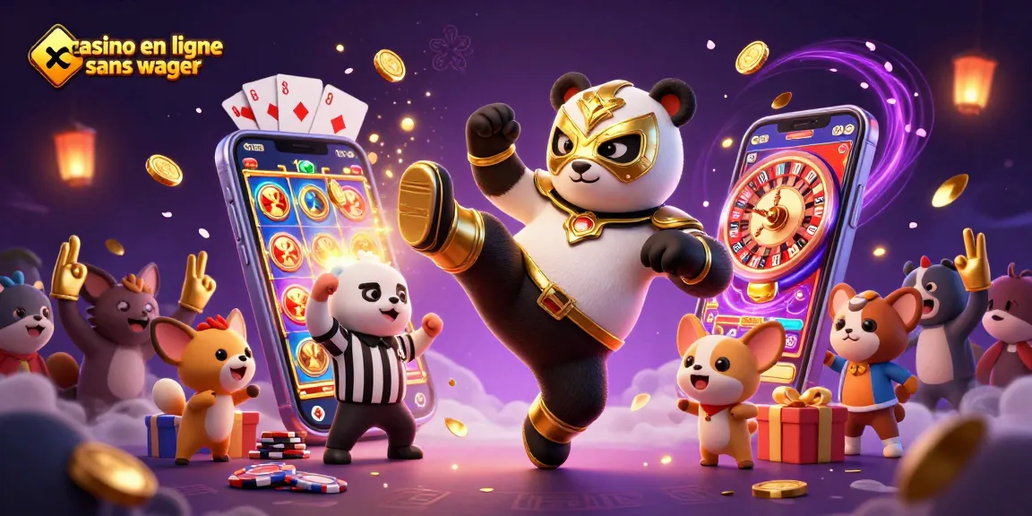 Illustration de casino en ligne sans wager avec panda lutteur et animaux spectateurs dans un décor dynamique.