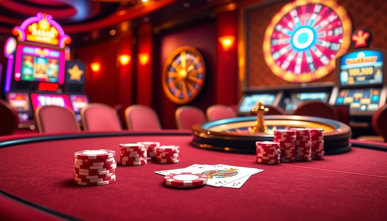 Experience the thrill of MM88 with a luxurious poker scene featuring vibrant slots and roulette.