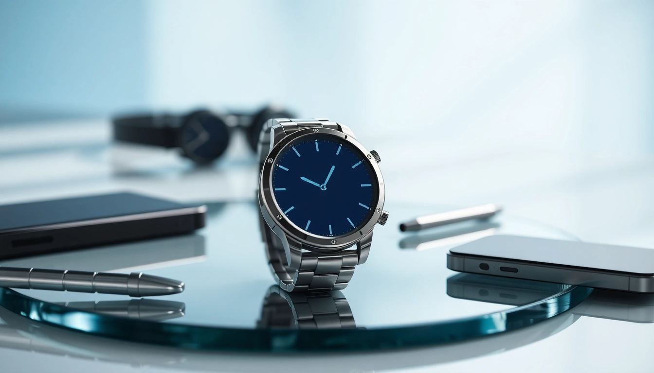Showcasing Finesse Smart Watch elegantly on a glass surface with modern tech accessories.
