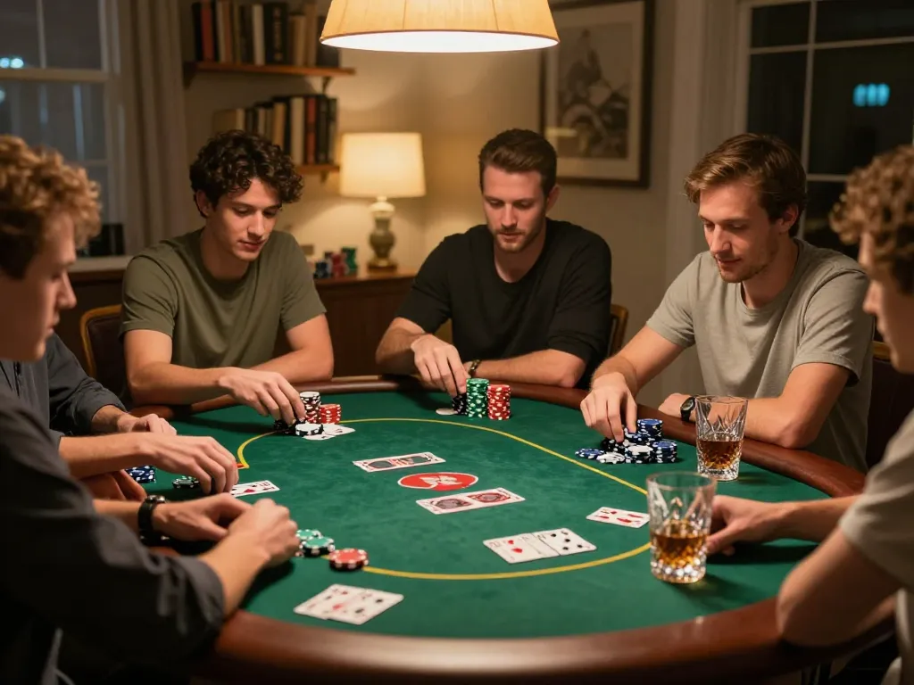 Friends enjoying a competitive poker game at home, showcasing the excitement of 8xbet strategy.