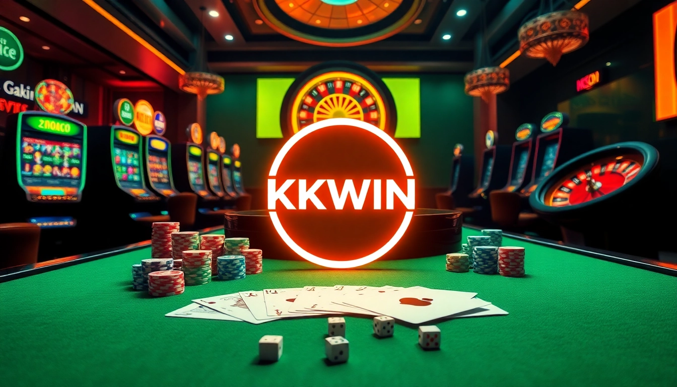 Action-packed scene showcasing KKWIN casino with vibrant slot machines and poker chips.