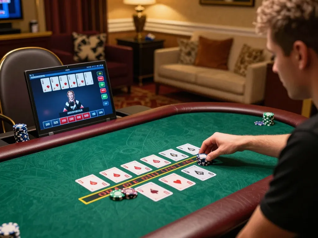 W188 online gaming atmosphere showcasing player engaged in thrilling live blackjack action, strategic betting moments captured.