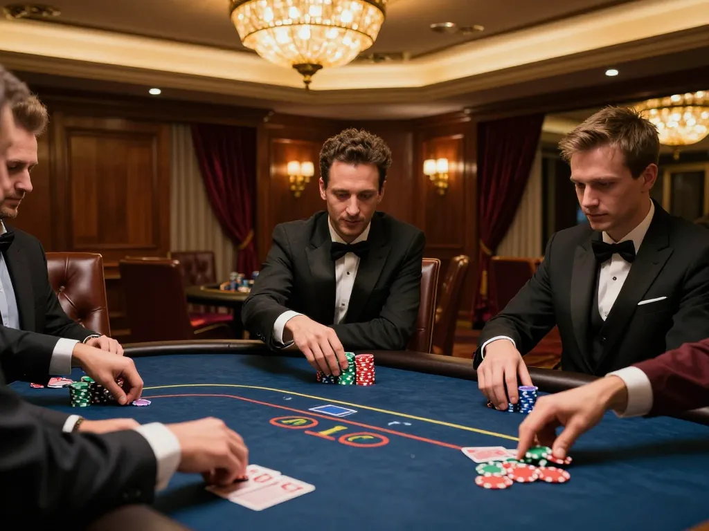 Action-packed poker scene at VIP win gaming table with players placing bets and strategizing.