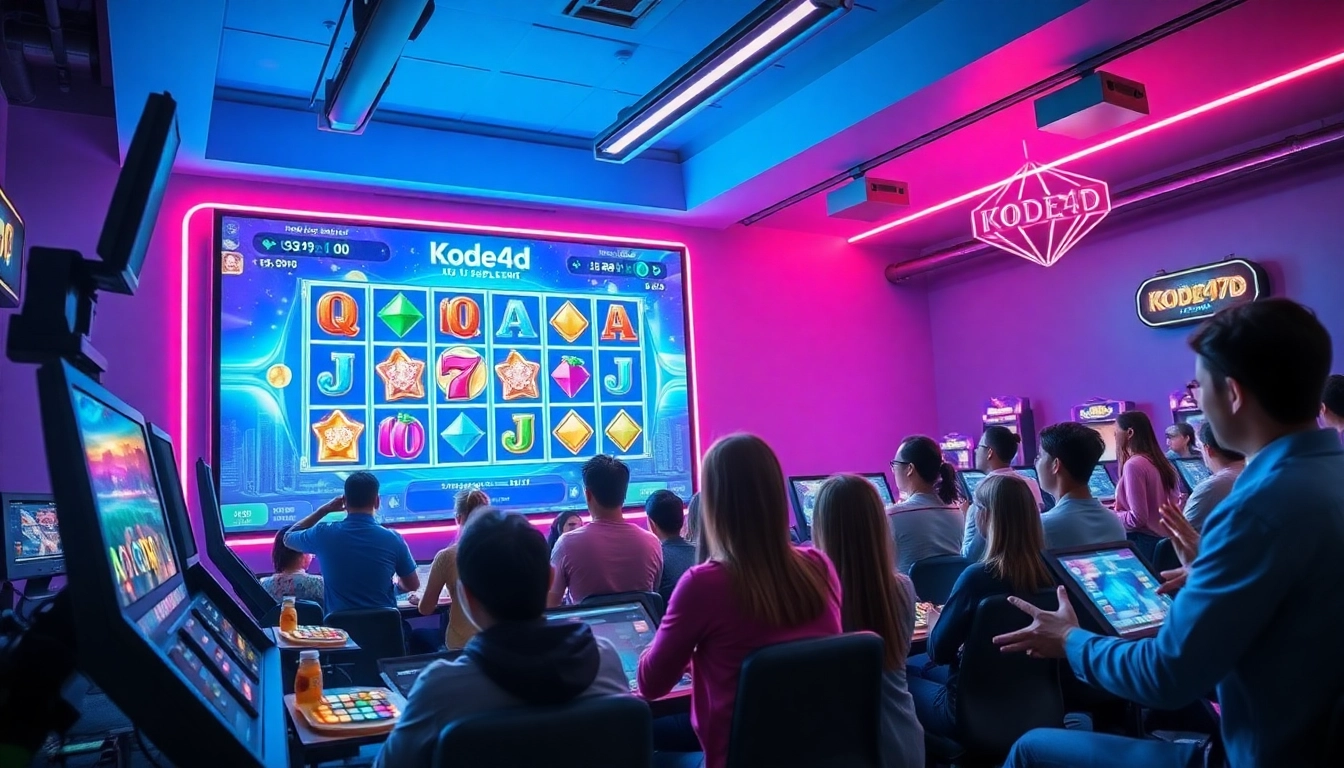 Kode4d slot gaming scene with enthusiastic players and vibrant animated winnings