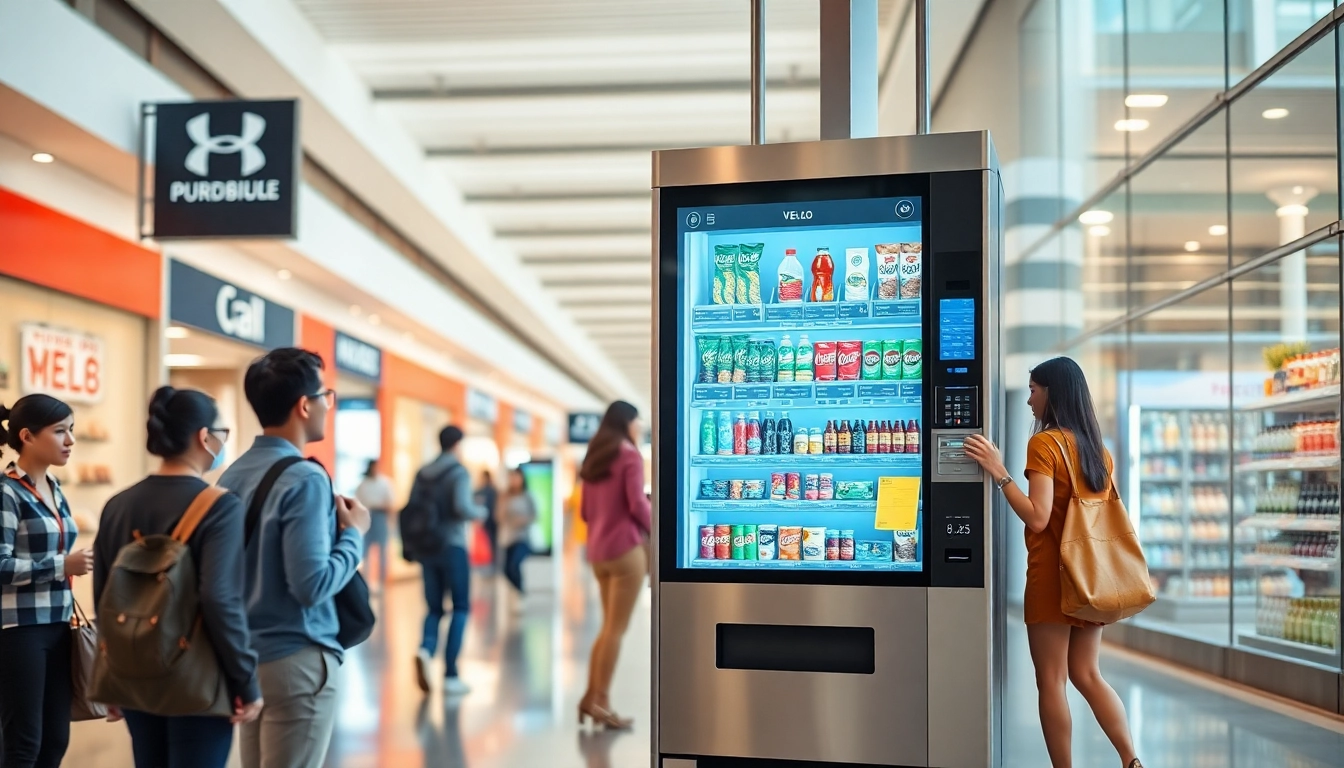 Innovative vending machine from vending machine manufacturers in a busy mall, showcasing modern design and technology.