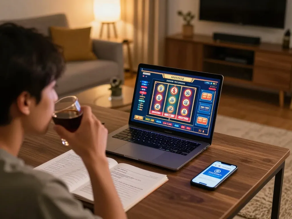 Person enjoying online gaming on JPTOTO at home, engaged with a vibrant casino interface.