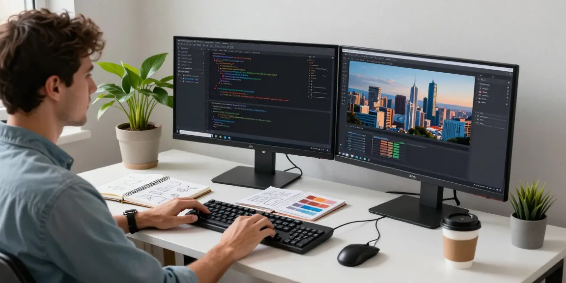 Efficient workspace showcasing 截图工具下载 with developer at dual monitors, colorful interface, modern office.
