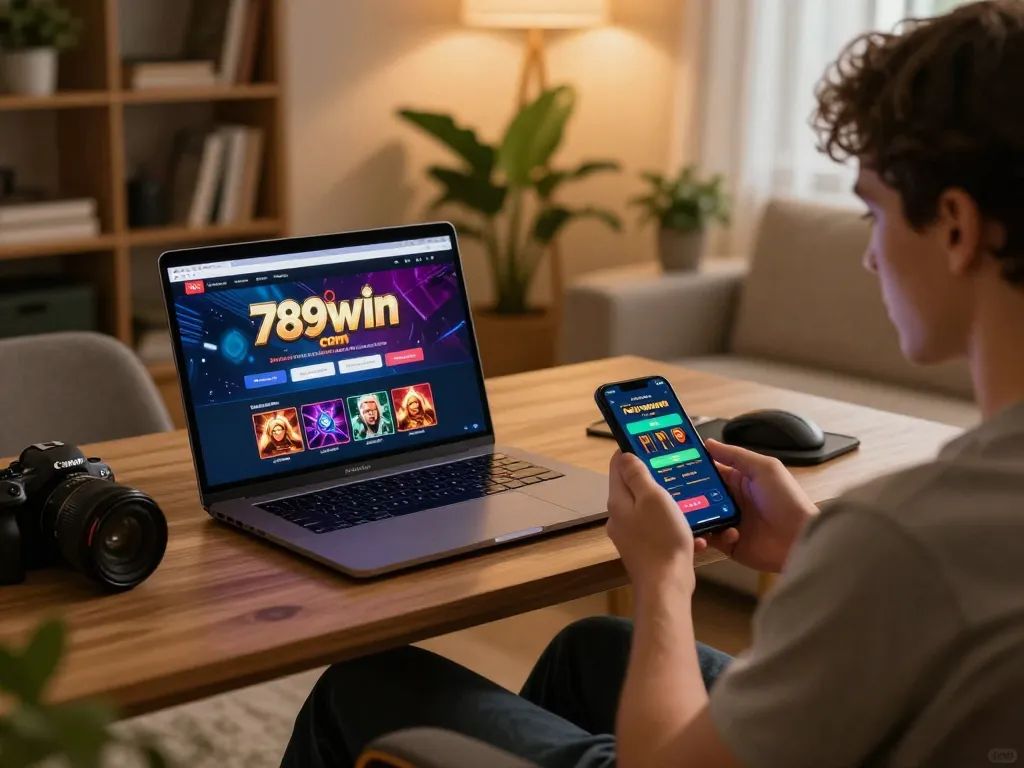 Playing at 789win com online casino on a laptop while using a smartphone for betting