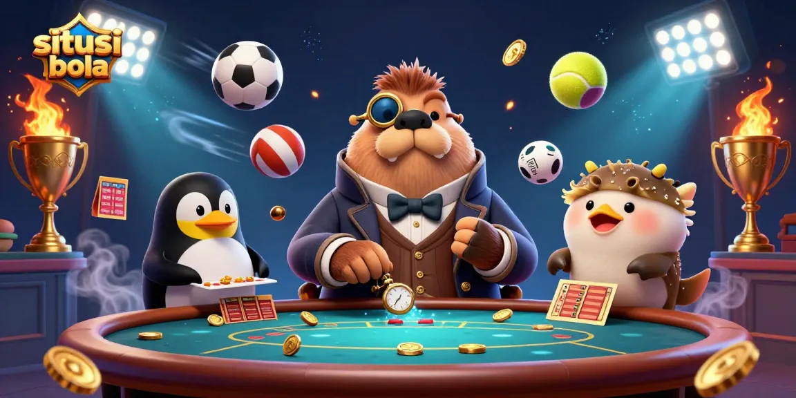 Experience situs judi bola with a jolly walrus, penguin dealer, and pufferfish player at an underwater poker table.