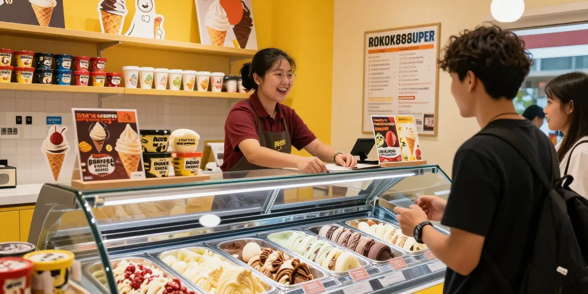 Exciting store display featuring ROKOK88SUPER ice cream flavors and bold promotional materials highlighting rokok88 link alternatif.