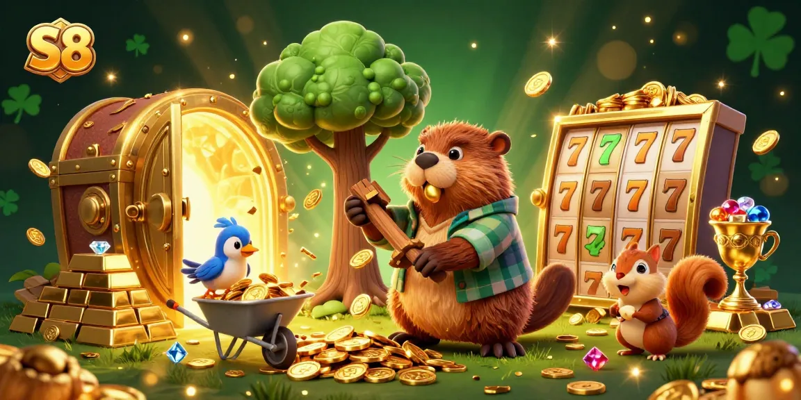 Experience thrilling slots at S8 as beaver, bird, and squirrel gather golden riches and excitement.