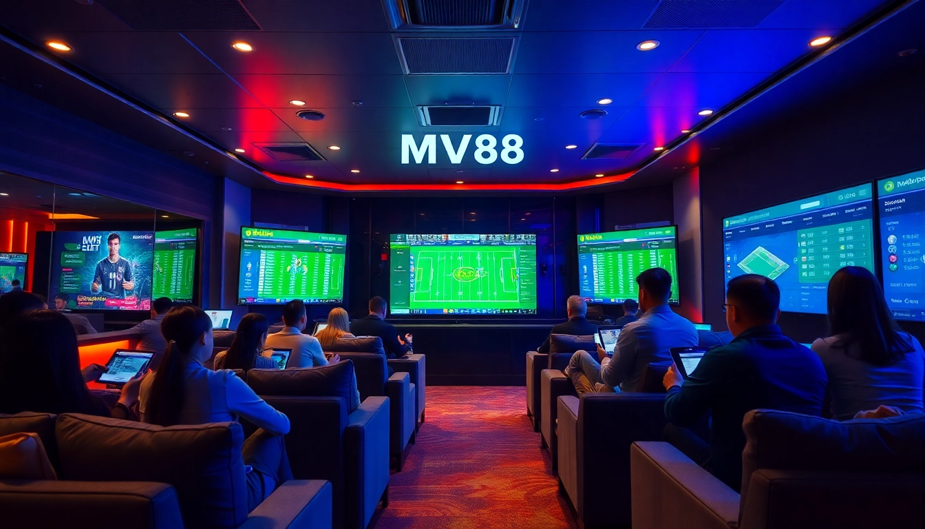 Users engaging with the MV88 platform in a vibrant betting lounge, showcasing digital interfaces and lively atmosphere.