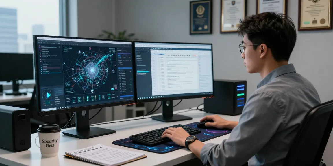 Cybersecurity professional analyzing threats on shs-dome5.com in a modern workspace.