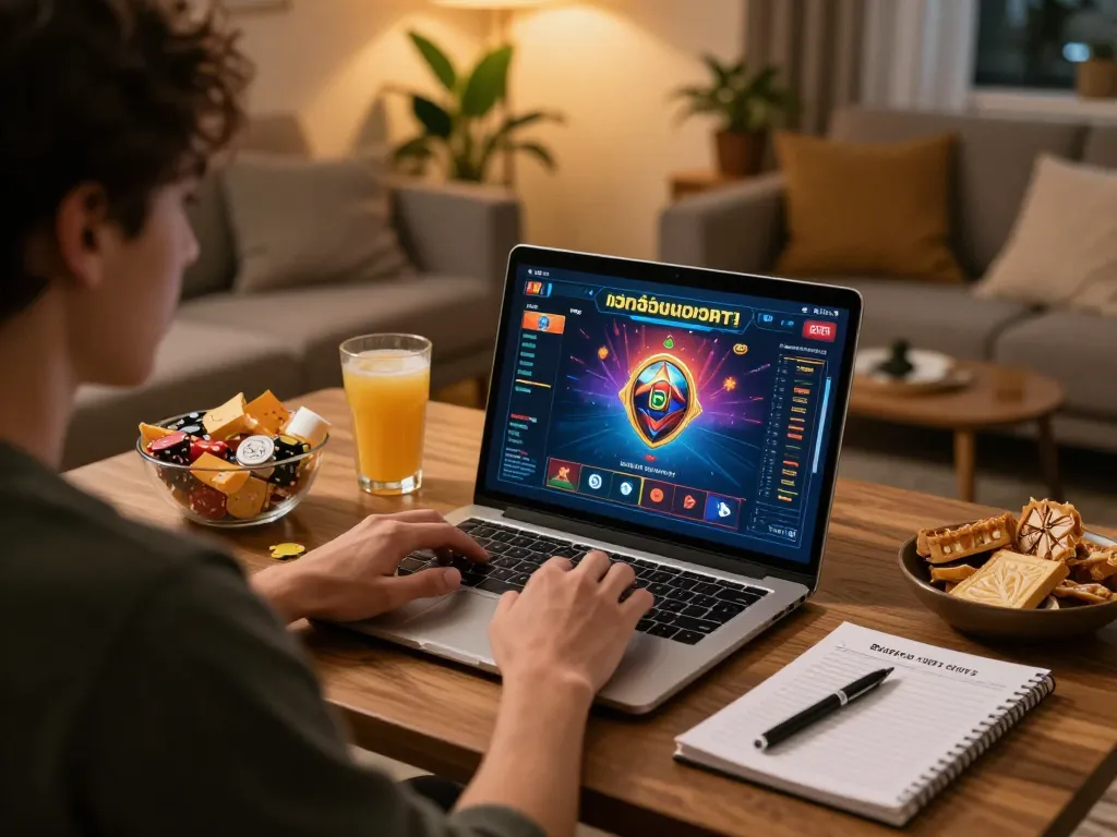 Player enjoying เว็บสล็อต on a laptop in a cozy home setting with snacks.