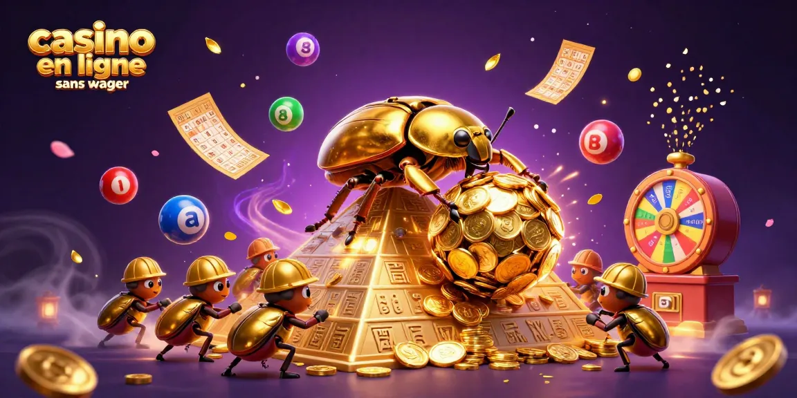 Profitez du casino en ligne sans wager avec cette illustration dynamique de gros scarabée doré et des symboles de casino.