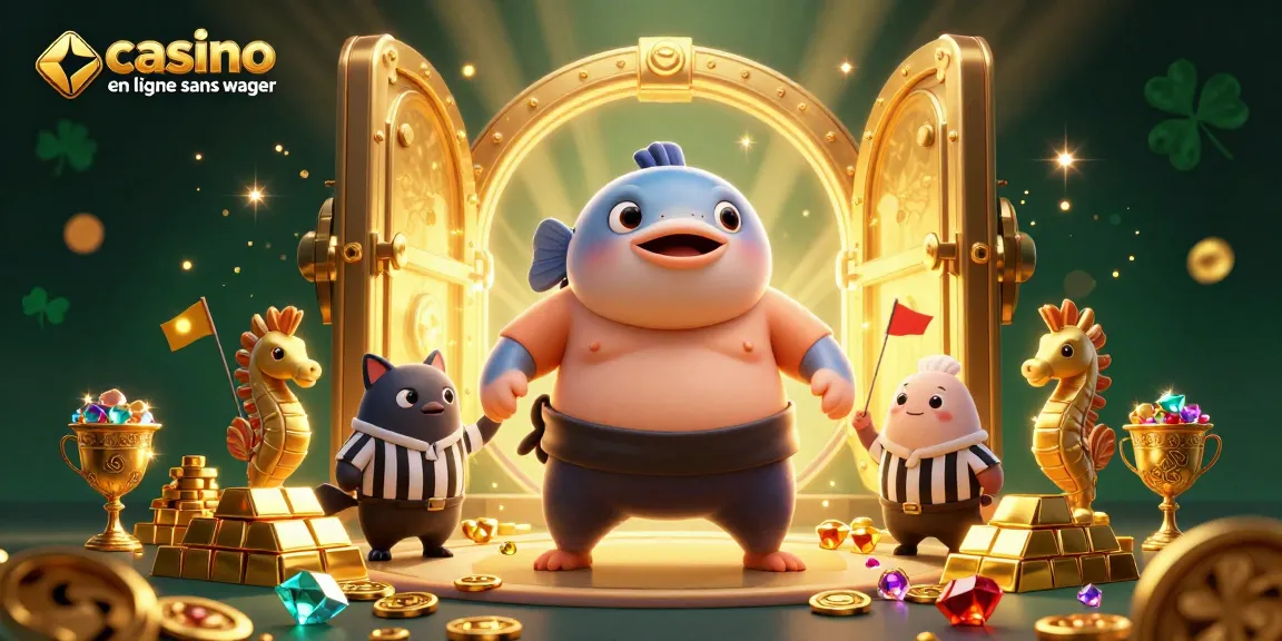 Illustration dynamique représentant un fugu géant dans un ring sous-marin, explorez le casino en ligne sans wager.