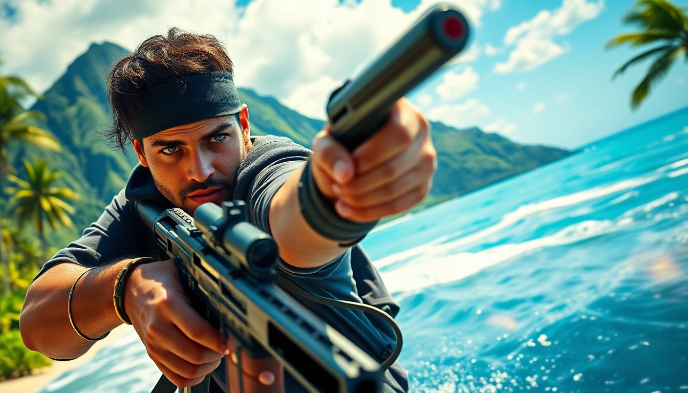 Aloha and Bullets action scene with Leroy Silver dodging bullets in vibrant Hawaii.