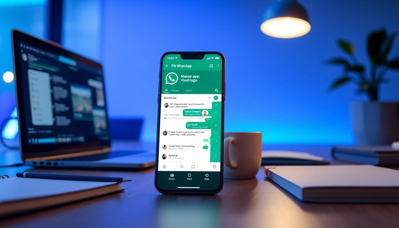 FM WhatsApp features showcased on a smartphone in a modern workspace