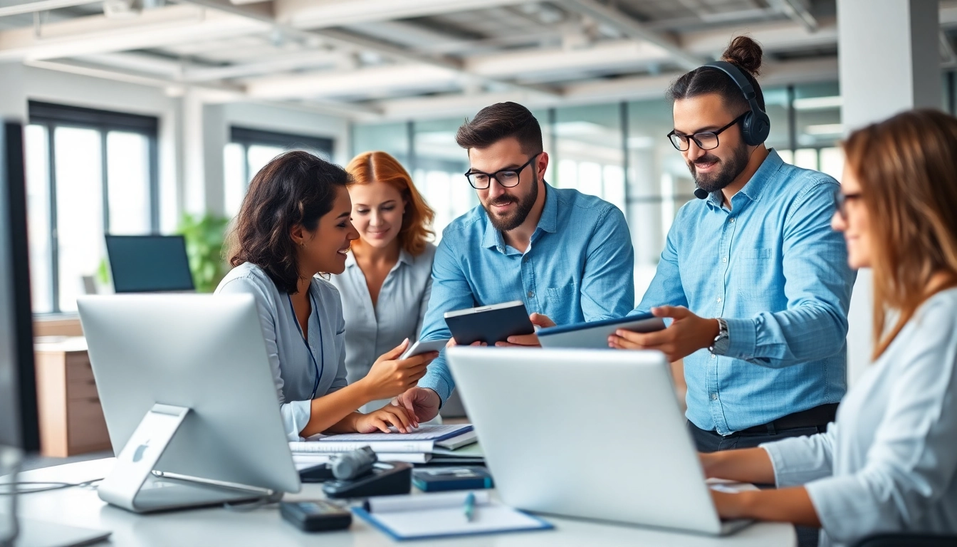 Engaged professionals providing small business it services in a modern office.
