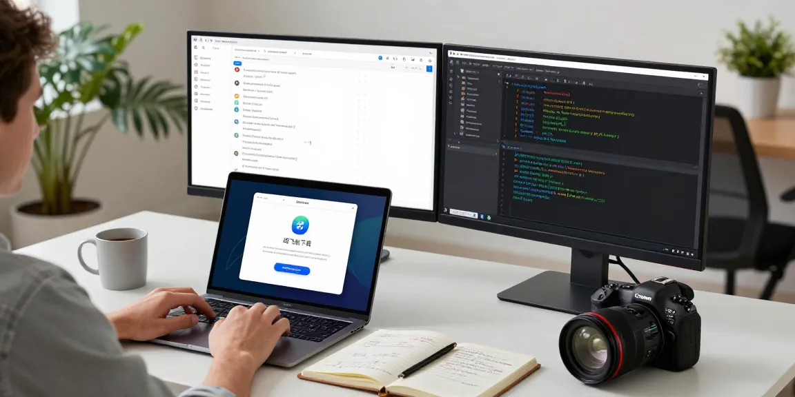 Downloading the 纸飞机下载 app in a modern tech workspace with dual monitors and a laptop.