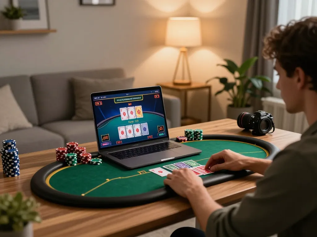 Player enjoying an online poker game on TG88's platform in a cozy home setting.