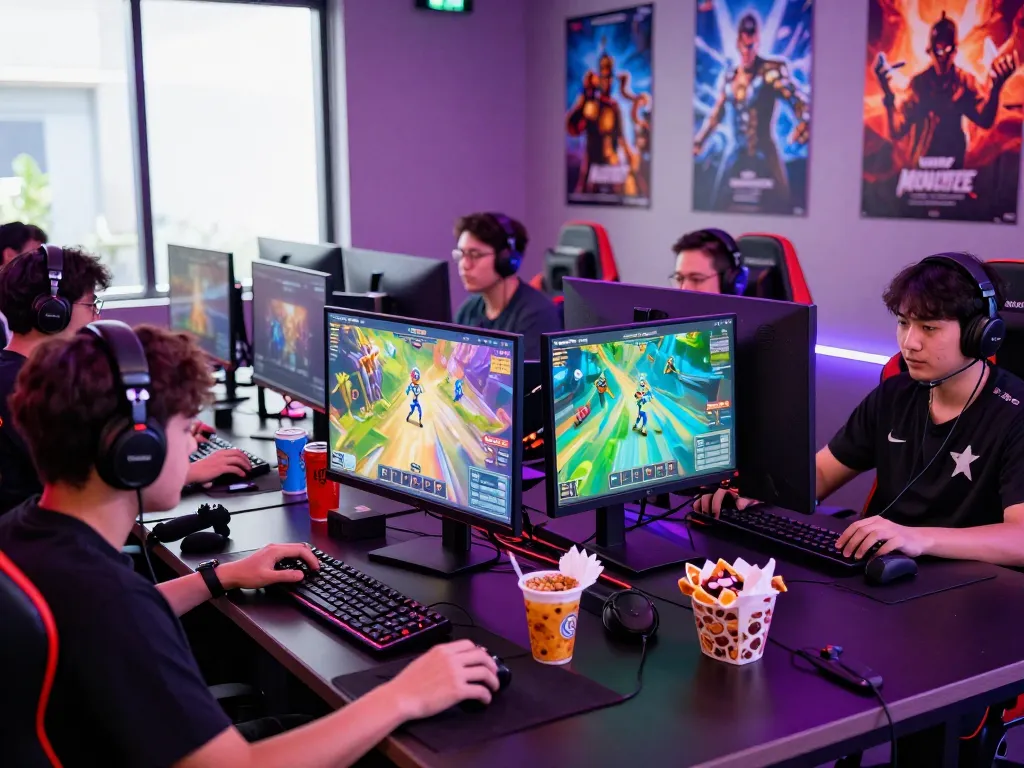 Exciting online gaming scene showcasing mantra88 gameplay with diverse gamers, vibrant digital graphics, and modern setup.