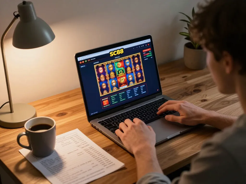Player engaging with SC88 online casino interface while managing bankroll strategy at home.