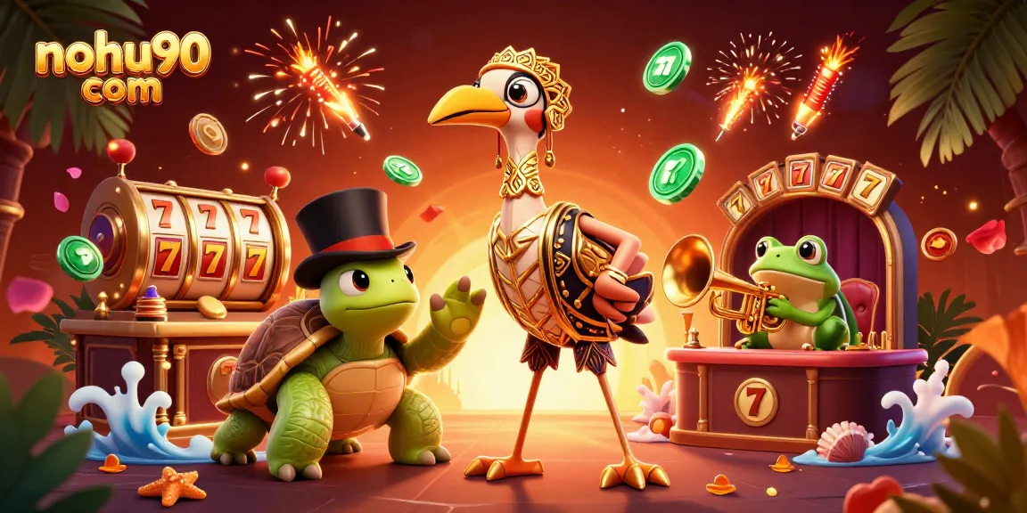 Experience the thrill of nohu90 com with a vibrant casino illustration featuring playful characters and dynamic game elements.