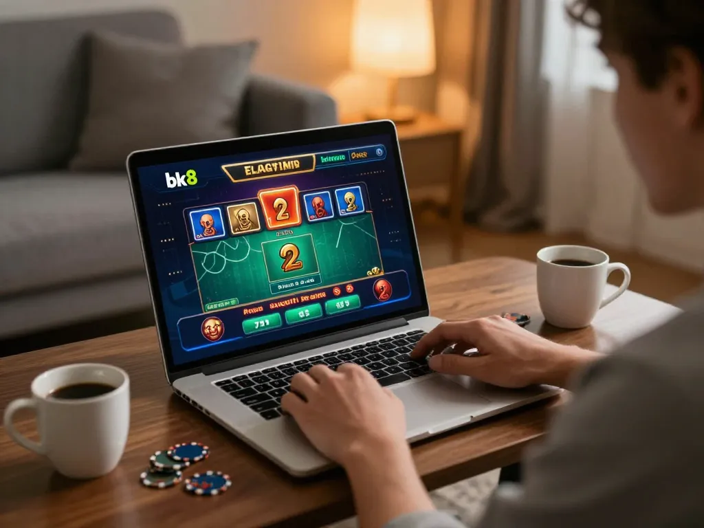 Engaged player using the bk8 platform to enjoy online casino games in a cozy home environment.
