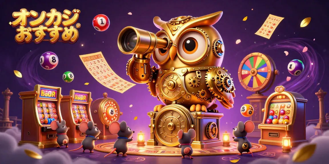 オンカジおすすめのスロットマシンの間を走り回る金色のフクロウとネズミのパトロンを描いたイラスト