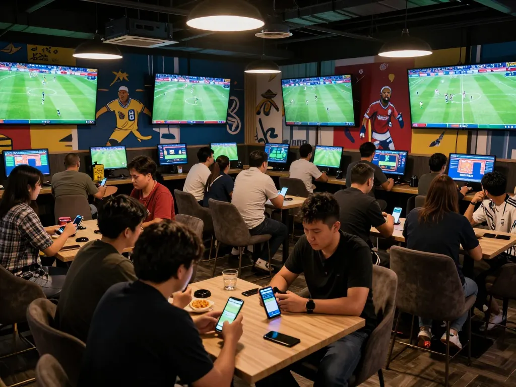 Patrons engaged in real-time sports betting at https://keotructuyen.com.mx/ in a lively lounge with multiple screens.