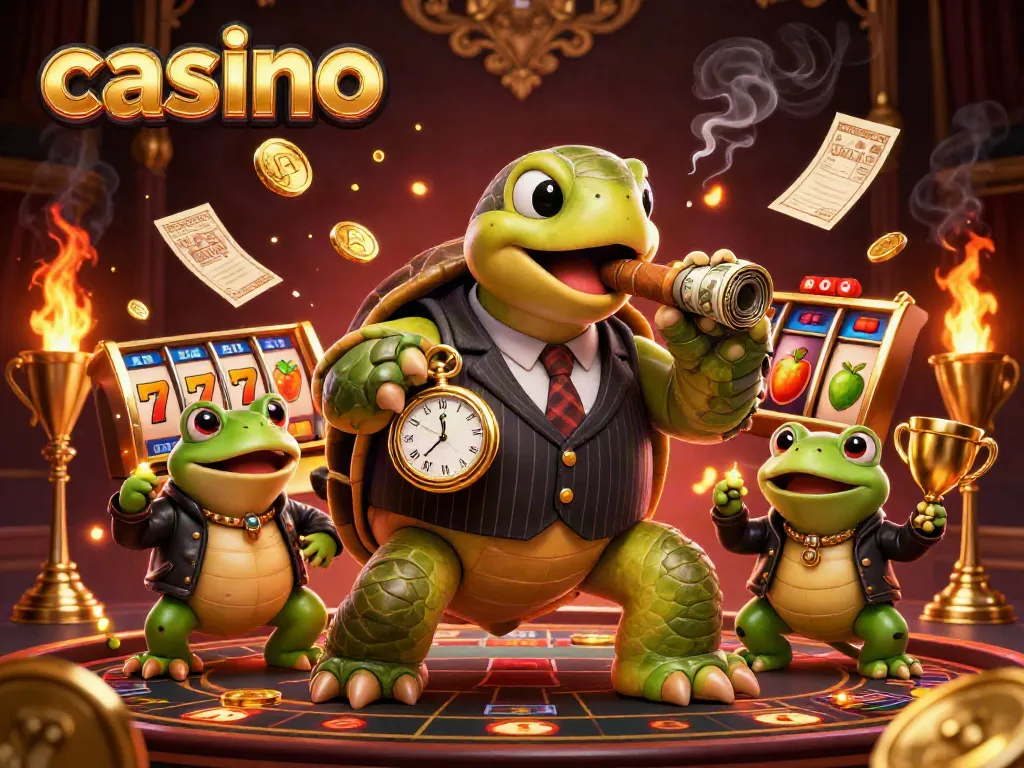 Engaging 3D casino scene featuring a cartoon turtle and bullfrogs surrounded by slot machine elements and vibrant lights.