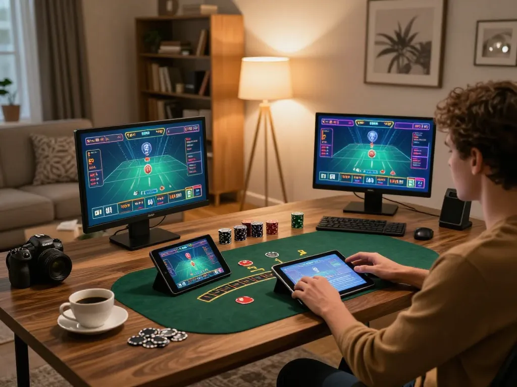 SUN WIN player enjoying live blackjack at home, showcasing modern gaming setup and strategic environment.