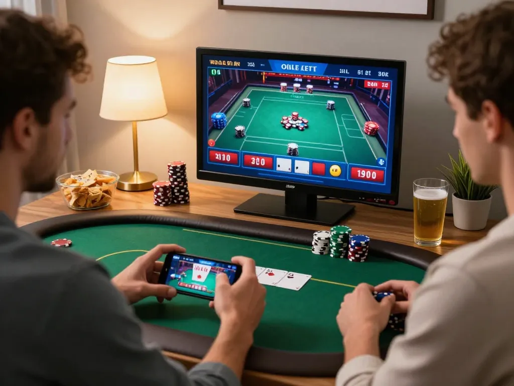 mm88 player exploring mobile poker game on smartphone in a cozy living room.