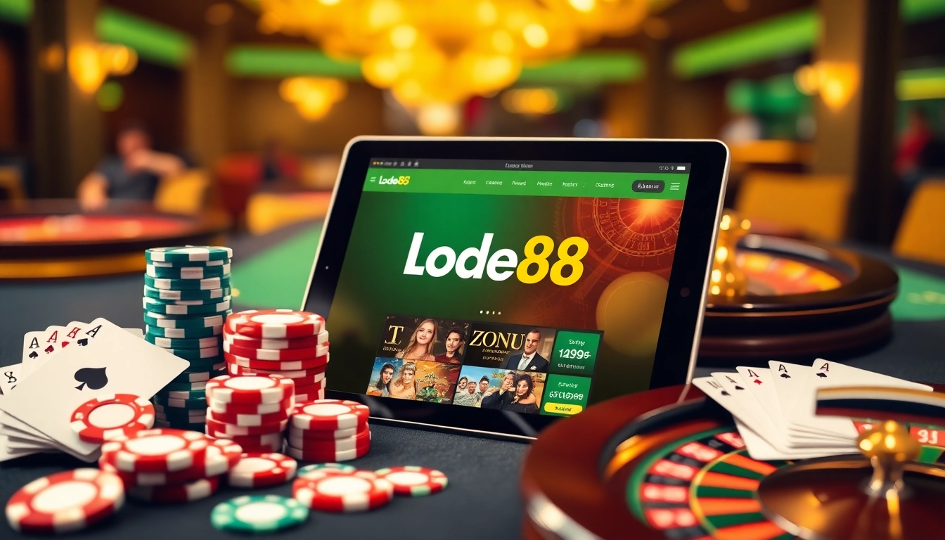 Engage with exciting betting action at https://lode88uk.com/ featuring poker chips and roulette wheels in a luxurious casino setting.