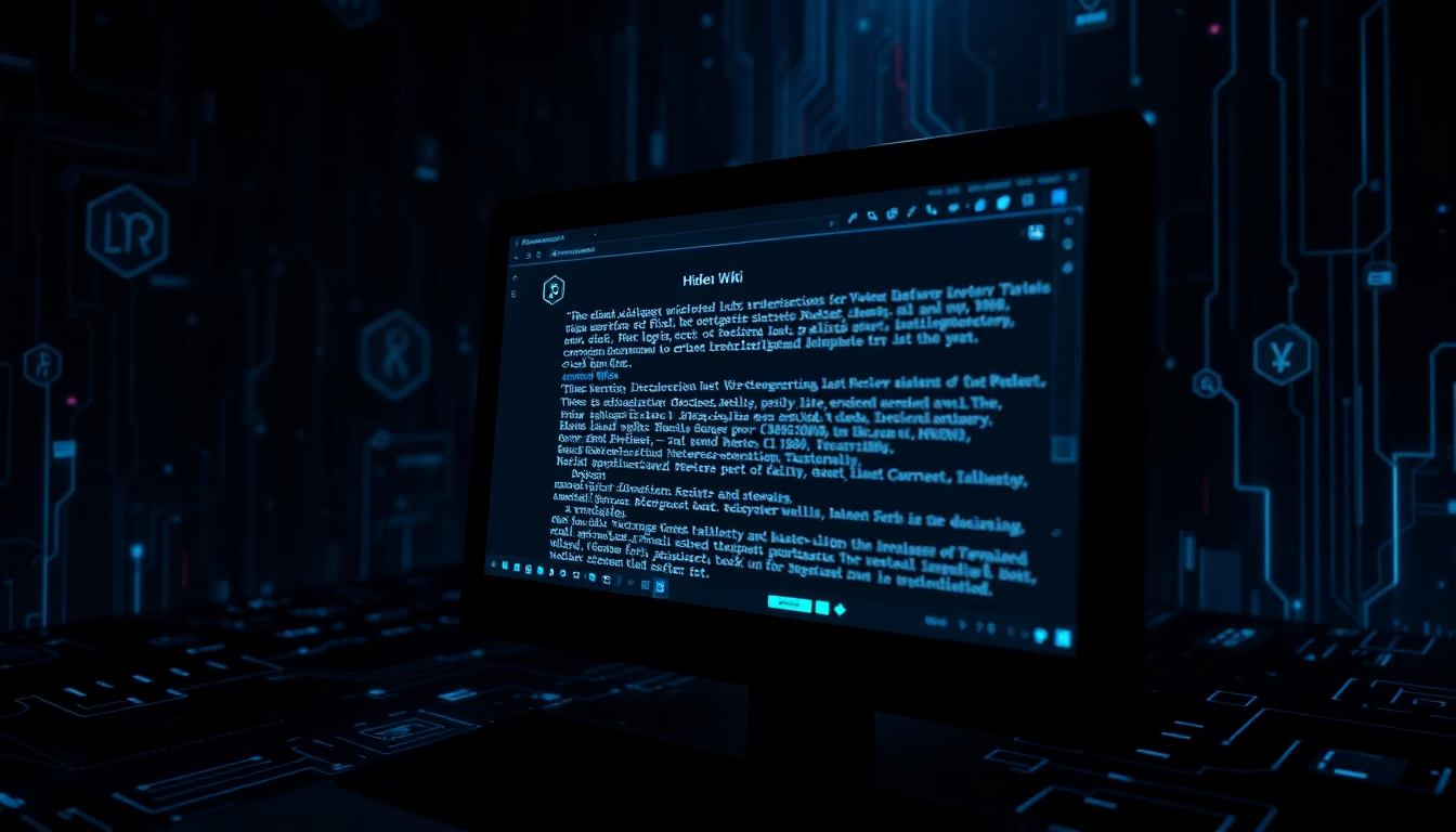 Discover the Hidden Wiki directory on the dark web, featuring .onion links and cybersecurity elements.