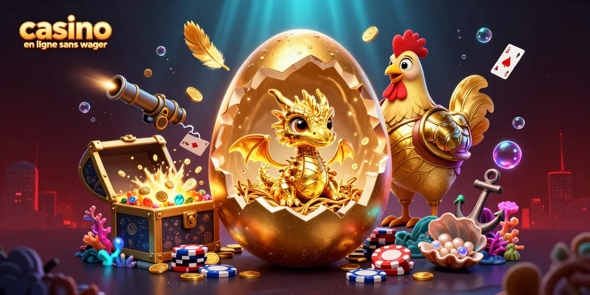 Analysez le casino en ligne sans wager avec un dragon doré et des jetons de poker.
