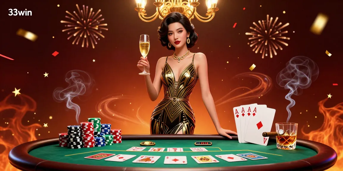 Experience the thrill of 33win gambling with a glamorous Asian woman holding a champagne glass.
