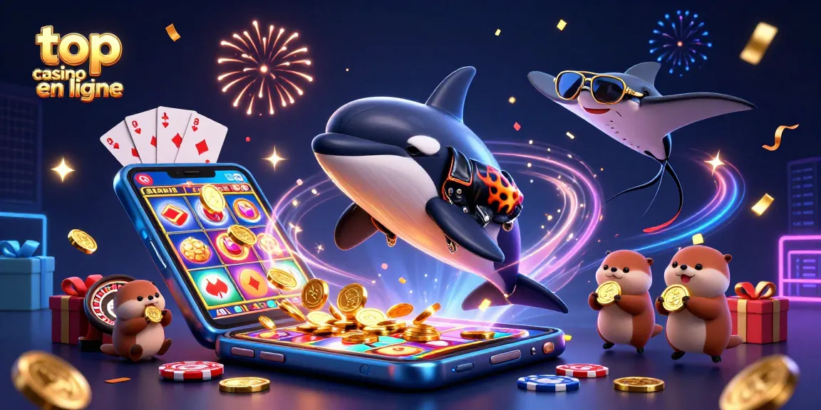 Découvrez le meilleur casino en ligne avec une illustration dynamique d'une orque et des otaries.