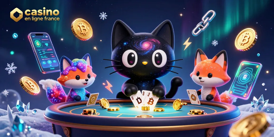 Profitez de l'expérience casino en ligne France avec une illustration colorée d'un chat noir de trou noir au milieu d'une table de casino cosmique.