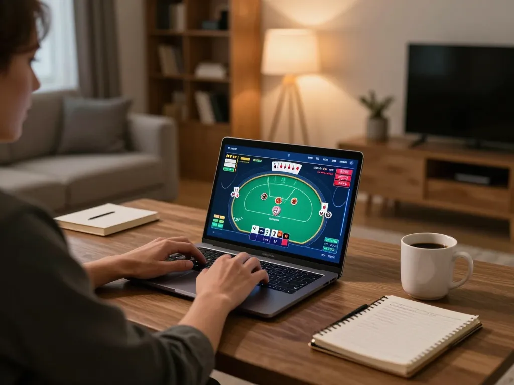 The player enjoys poker at home via manclub online gaming setup, showcasing engaging gameplay.