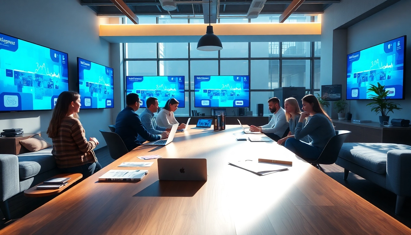 Werbeagentur Kreativteam bei der Arbeit in einem modernen Büro, umgeben von digitalen Bildschirmen.