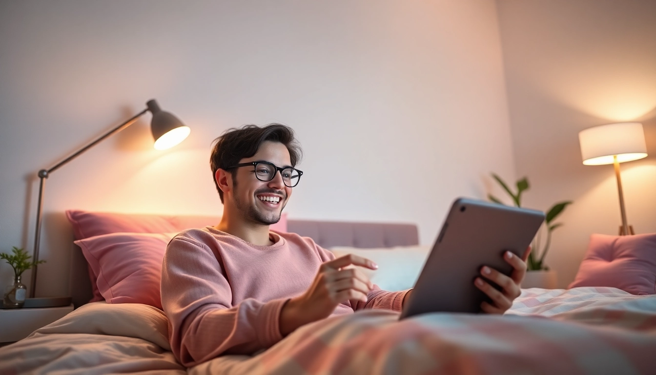 Engaging in ai sexting in a modern bedroom setting with an AI chatbot.