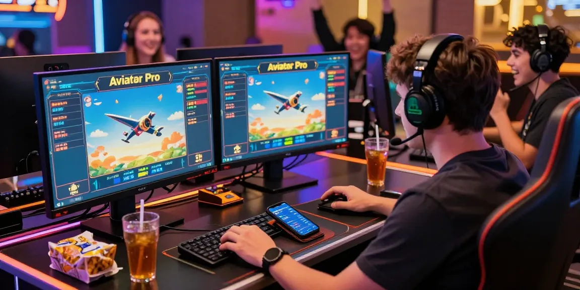 Aviator Pro gaming scene with player immersed in crash games, monitors displaying animated aircraft and betting interface.