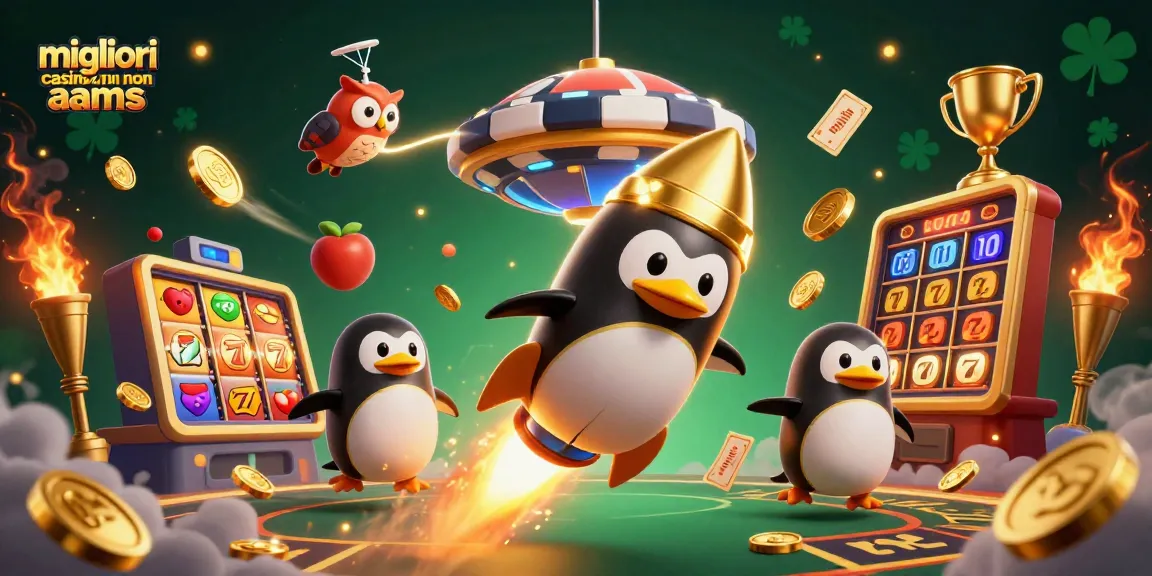 Scopri i migliori casinò online non AAMS, con un'illustrazione dinamica di un pinguino dorato e simboli delle slot.