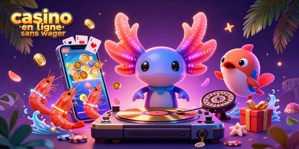 Cette scène dynamique montre un DJ axolotl en 3D, animant un casino en ligne sans wager avec des pièces d'or et des jeux colorés.