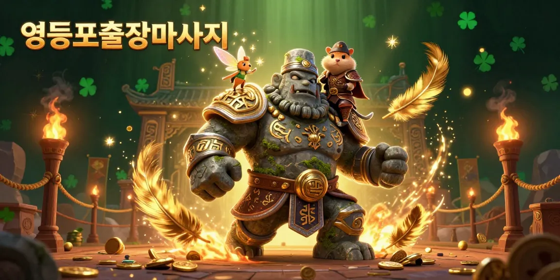 Experience the magic of 영등포출장마사지 with a captivating 3D illustration showcasing a golem guardian and its companions.
